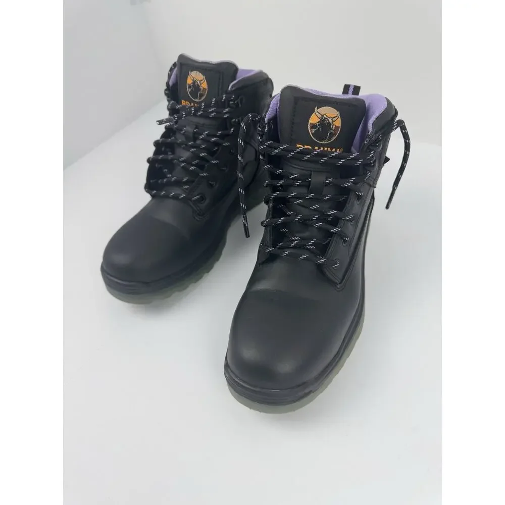 BRAHMA Women's Work Boots Steel Toe Flexible Midsole Leather Black Purple Sz 7.5